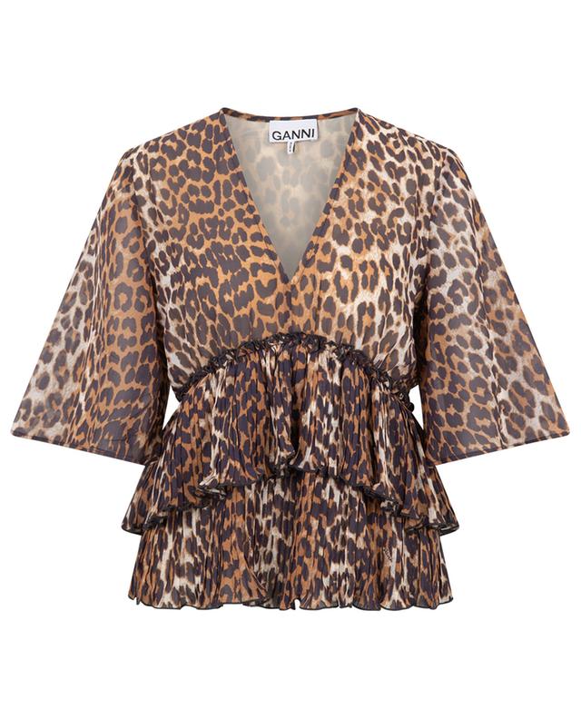 Leopard top with pleated ruffles in georgette GANNI