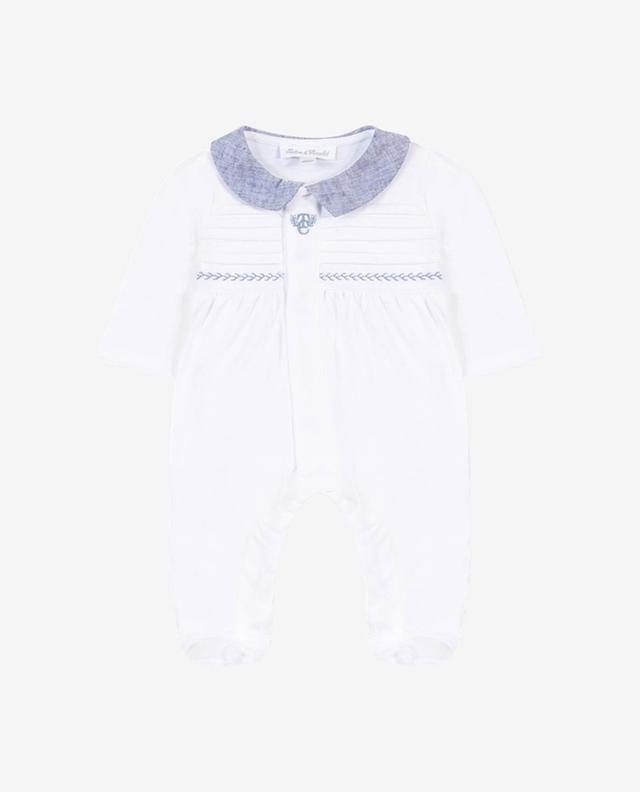 Cotton baby sleepsuit with pintucks and chambray collar TARTINE ET CHOCOLAT