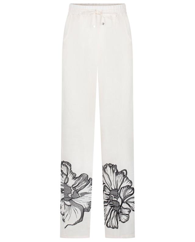 Pantalon large en lin brodé fleurs KITON