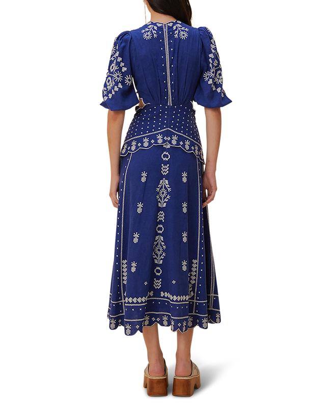 Navy Blue Embroidered linen blend midi dress with cut-outs FARM RIO