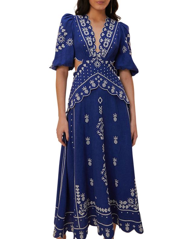 Navy Blue Embroidered linen blend midi dress with cut-outs FARM RIO