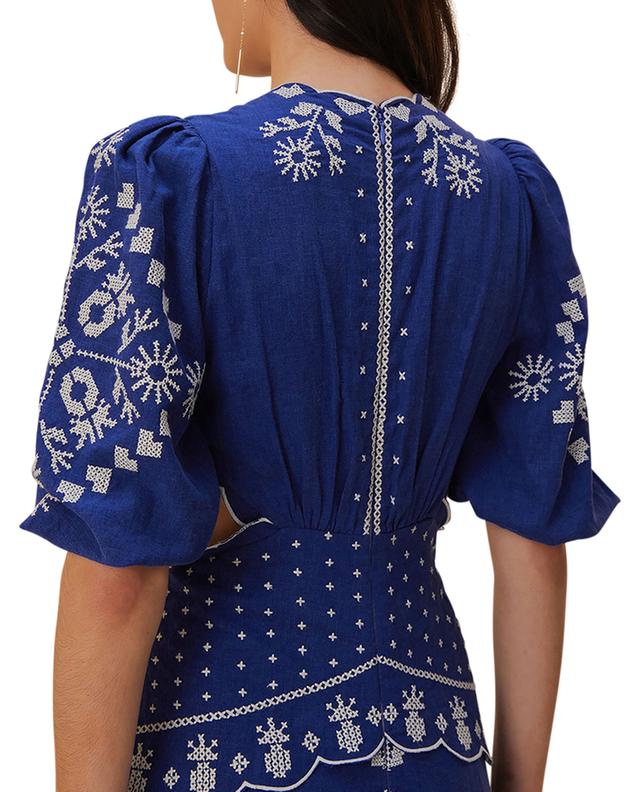 Midi-Leinenmix-Kleid mit Ausschnitten Navy Blue Embroidered FARM RIO