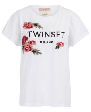 T-shirt en coton avec fleurs brodées TWINSET