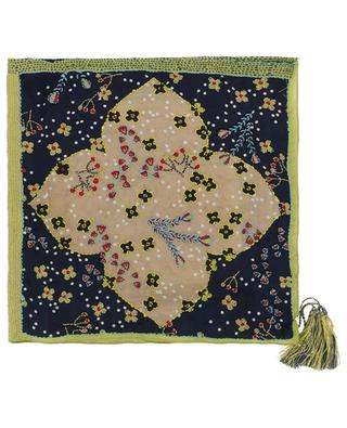 Emi printed and embroidered silk pocket square with tassels STORIATIPIC