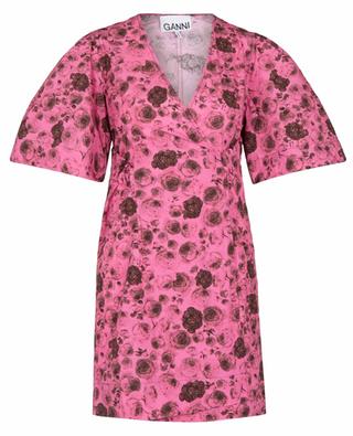 Mini robe portefeuille en popeline imprimée roses Shocking Pink GANNI