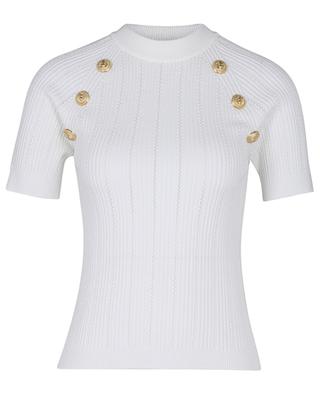 Fitted short-sleeved openwork jumper with lion buttons BALMAIN