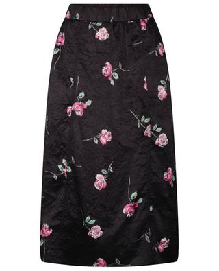 Rose-printed straight fit crinkle satin midi skirt GANNI