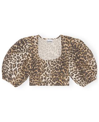 Bauchfreie Leoparden-Bluse mit Puffärmeln GANNI