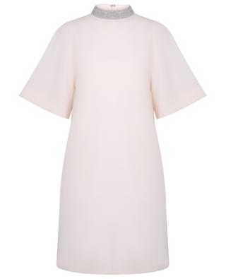 Mini robe trapèze en lin et soie à col montant perlé FABIANA FILIPPI