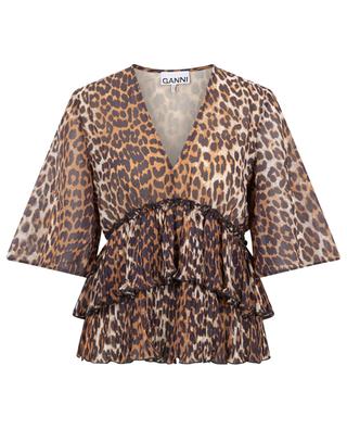 Leopard top with pleated ruffles in georgette GANNI